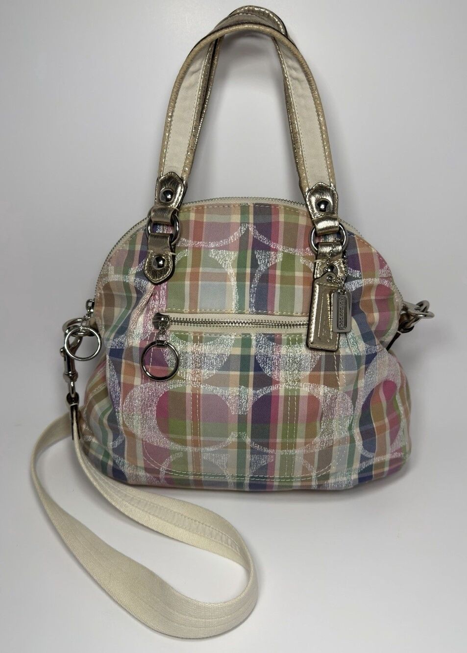 Coach Poppy Plaid Tartan Bag 19697 Crossbody Satchel Signature C Metallic Gold